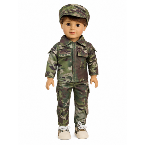 An 18" doll with brown hair wearing a green and brown camouflage military uniform with a matching cap and beige sneakers.