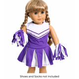 18-inch doll wearing a purple and white cheerleader outfit with matching pom-poms. Includes cheer dress, panties, and pom-poms. Shoes and socks sold separately. Perfect for American Girl®-size dolls.