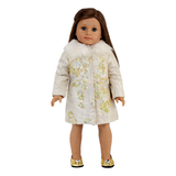 Cream coat with gold sequin floral design and fur collar for 18-inch doll.