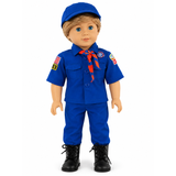 18-inch doll wearing a Blue Cub Scout uniform with shirt, pants, belt, cap, and neckerchief.