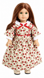 18-inch doll wearing a colonial-inspired floral dress with a white Peter Pan collar, red satin bow, lace-trimmed white pantaloons. Perfect for American Girl-sized dolls.