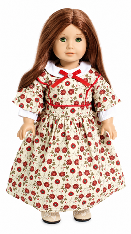 18-inch doll wearing a colonial-inspired floral dress with a white Peter Pan collar, red satin bow, lace-trimmed white pantaloons. Perfect for American Girl-sized dolls.