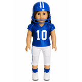18-inch doll wearing a blue football uniform with helmet, cleats, socks, football pants, and football.