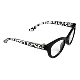 Eyeglasses with black and white patterned frame on a white background