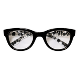 Black cat-eye glasses with leopard print  on a white background