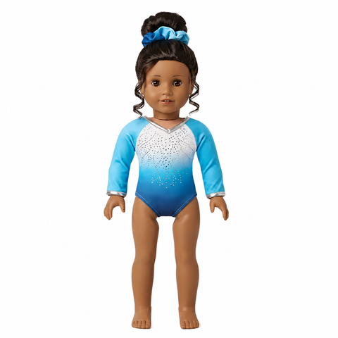 18-inch doll blue ombre gymnastics leotard with sparkling rhinestones, silver trim, and matching blue scrunchie displayed on a white background.