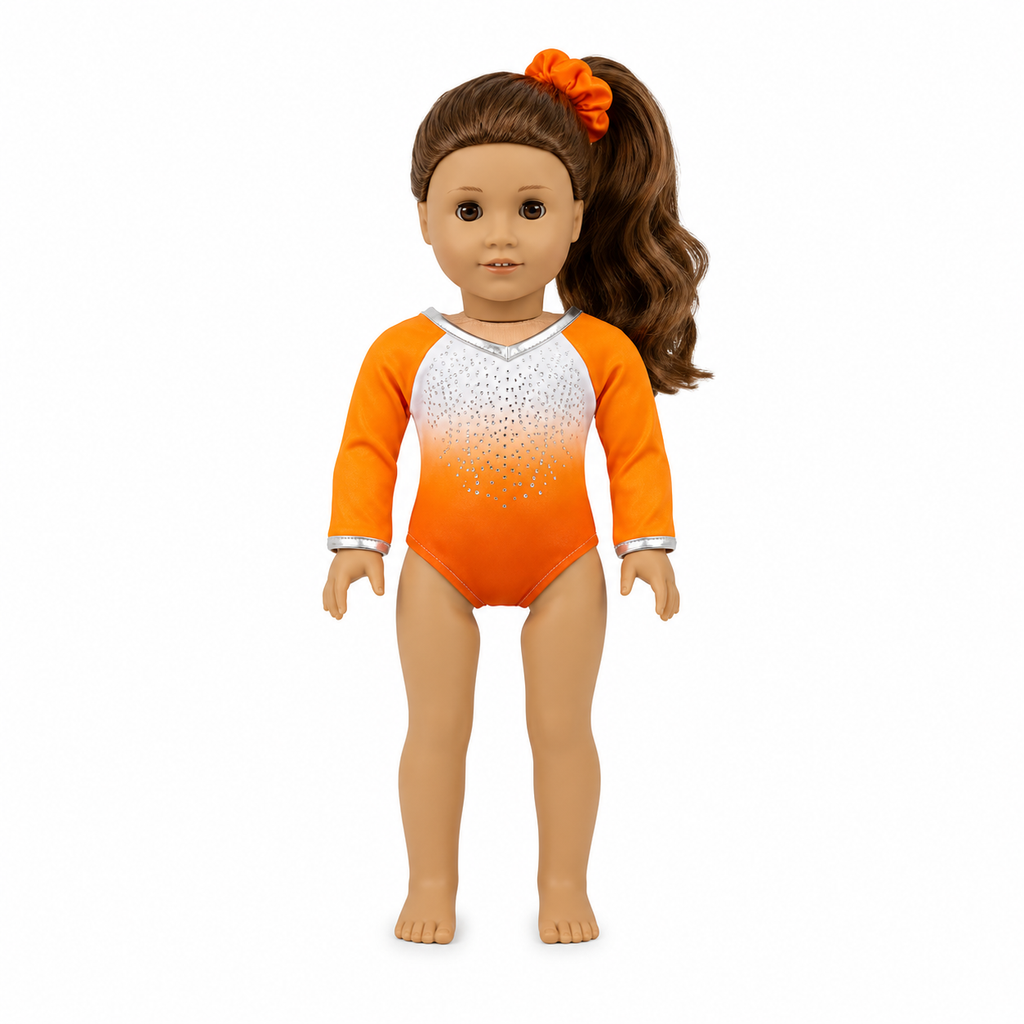 18-inch doll orange ombre gymnastics leotard with sparkling rhinestones, silver trim, and matching orange scrunchie displayed on a white background.