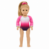 18-inch doll pink ombre gymnastics leotard with sparkling rhinestones, silver trim, and matching pink scrunchie displayed on a white background.