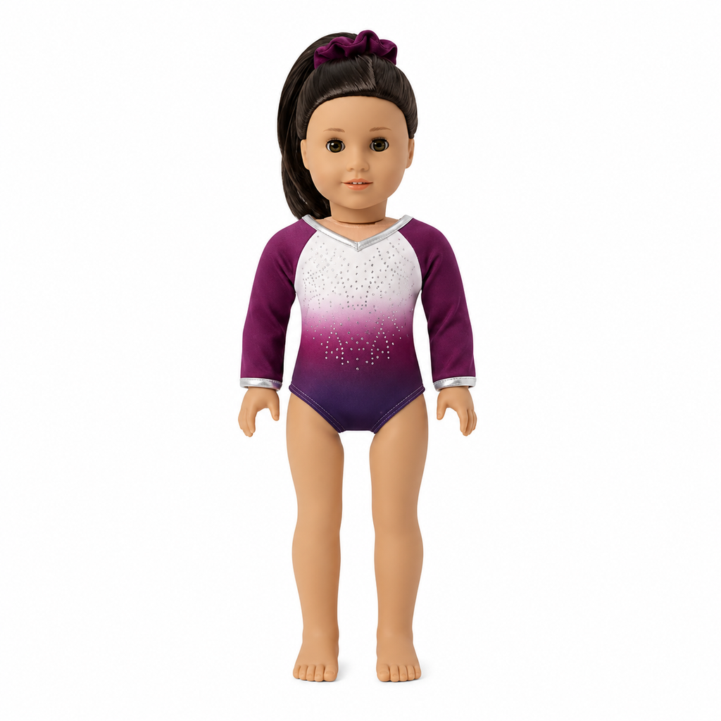 18-inch doll purple ombre gymnastics leotard with sparkling rhinestones, silver trim, and matching purple scrunchie displayed on a white background.