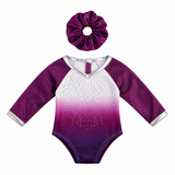Purple ombre gymnastics leotard with sparkling rhinestones, silver trim, and matching blue scrunchie that fits an 18=inch doll