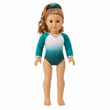 18-inch doll teal ombre gymnastics leotard with sparkling rhinestones, silver trim, and matching teal scrunchie displayed on a white background.