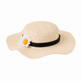 18-inch doll straw sun hat with black ribbon and white daisy flower accessory designed to fit American Girl® dolls and other 18-inch dolls.