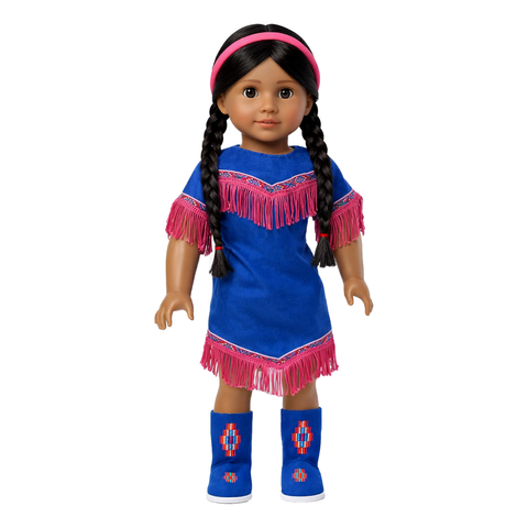 An 18" Doll wearing a blue dress with pink fringes, a pink headband and blue boots