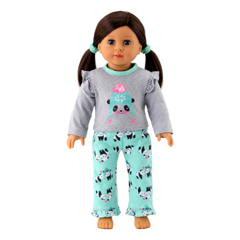 18-inch doll wearing a gray sweatshirt with a panda design and light blue pajama pants with panda pattern.