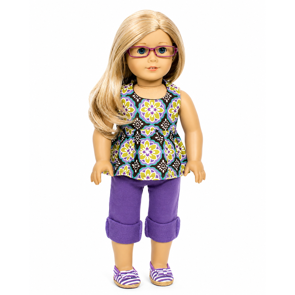18-inch doll wearing purple Capri pants and a colorful halter top