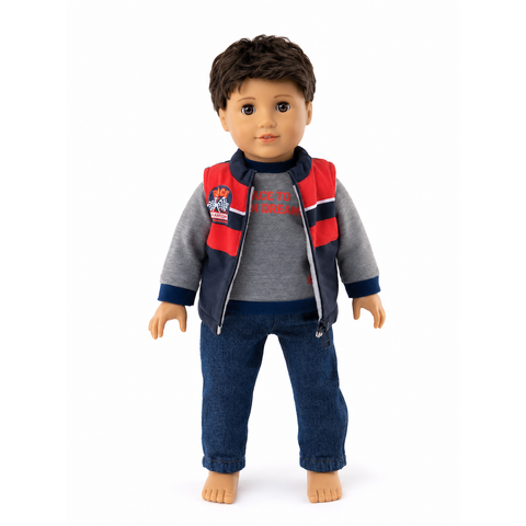 18-inch doll wearing a Race to Your Dreams shirt, puffer vest, and denim pants.