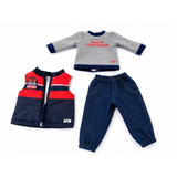 A 18-inch doll clothing set with a vest, sweatshirt, and pants on a white background