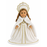 18-inch Doll in a white gown with gold accents and a matching headpiece on a white background