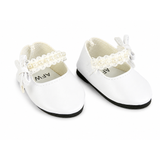 White dress shoes with pearl trim designed to fit 18-inch dolls.