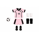 Pink soccer jersey with black accents, shorts, shoes, knee pads, and a soccer ball for an 18-inch doll.