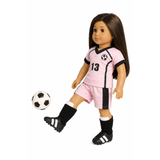 18-inch doll in pink with black trim soccer uniform with number 13, kicking a soccer ball
