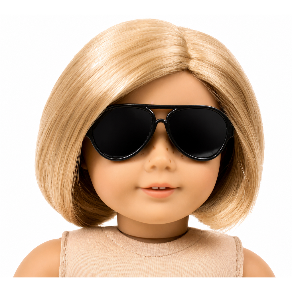 Black plastic aviator sunglasses on an 18-inch doll, featuring a classic aviator design and dark lenses.