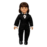 18" Girl Doll wearing a black tuxedo with white shirt and a bow tie