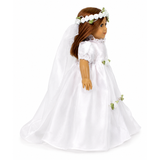A side view of a 18-inch doll wearing a white wedding dress with rose accents and a flower veil decorated with pearls.