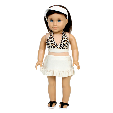 Leopard Print Swimsuit w/ Ivory Skirt & Visor